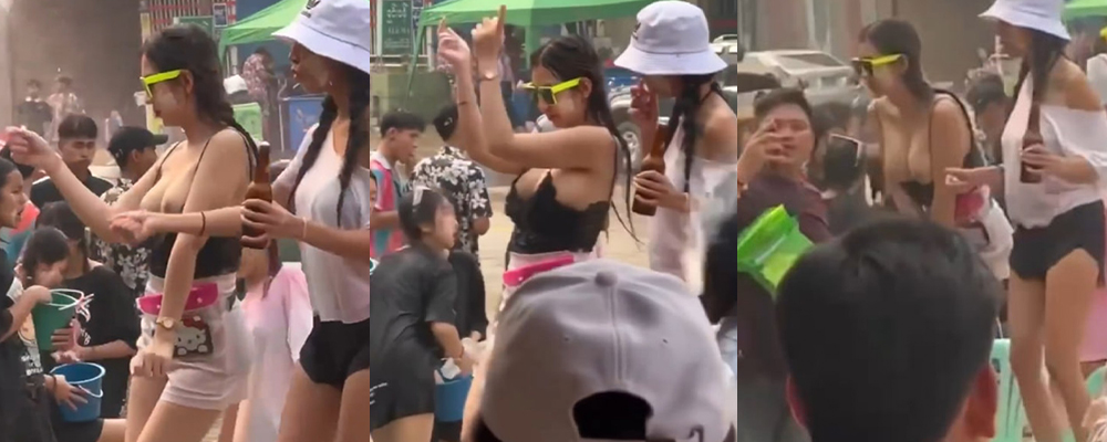 柬埔寨波贝街泼水节秒变甩奶节 火辣美女身穿清凉淫荡热舞 胸前两颗巨乳露出惊呆众人