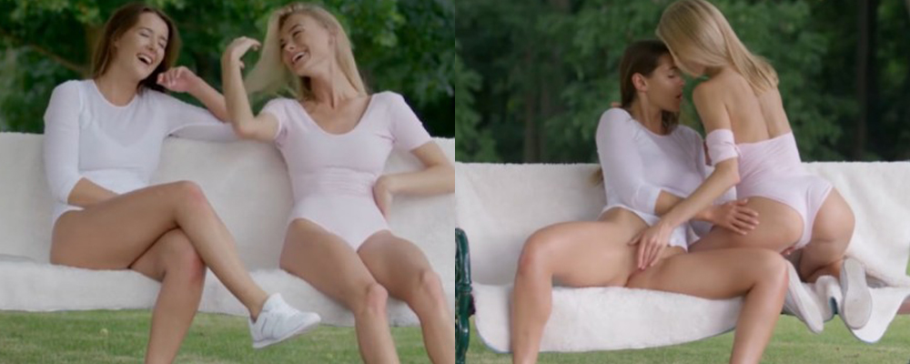 欧美热辣瑜伽闺蜜晨练后欲望兴起 长椅上舌吻揉奶调情  两女磨豆腐擦出爱的液体