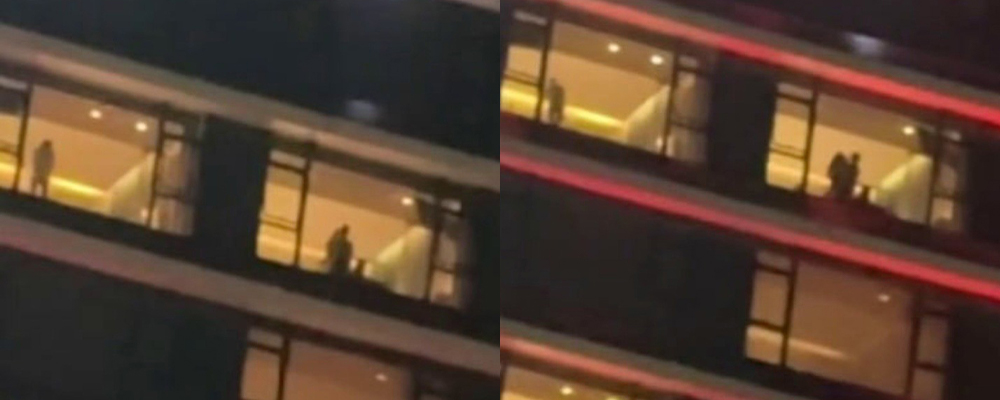 皇冠假日酒店十一楼落地窗前惊现活春宫 一男一女相互挨肏 隔壁老铁只好撸管爽玩